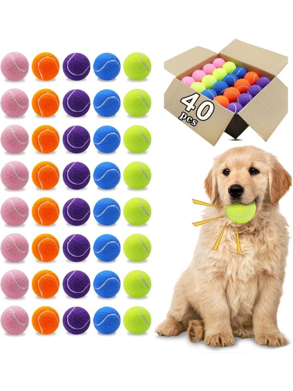 Squeaky Dog Tennis Balls - 40 Pack, 2.5 Inch Durable Fetch Balls for Playtime